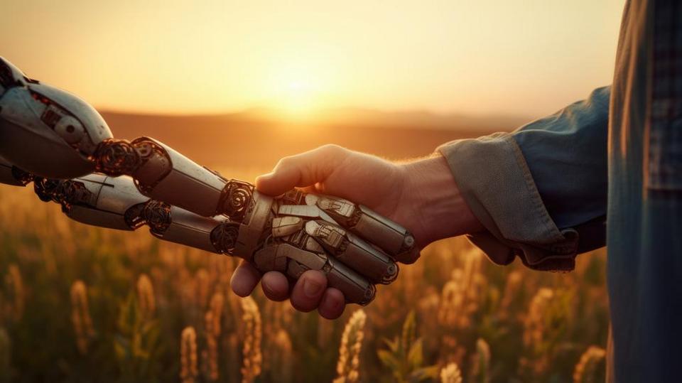 Roboter- und Menschenhand reichen sich die Hand